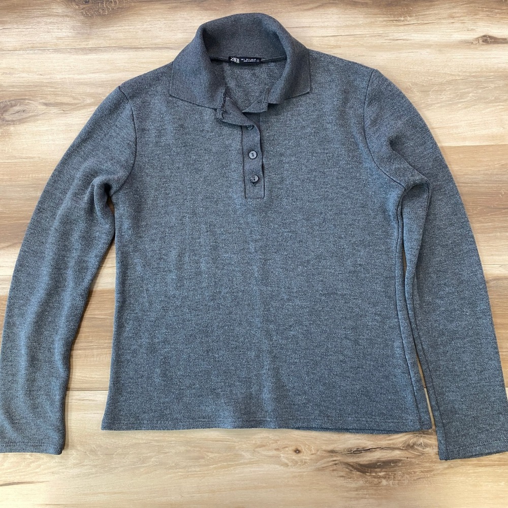 Zara Polo Sweater Womens L Minimalist Viscose Blend Slim Fitโ Grey Casual Office